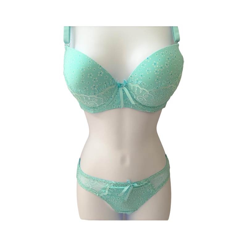 Ensemble soutien gorge et tanga motifs "fleurs" bonnet B bleu ciel